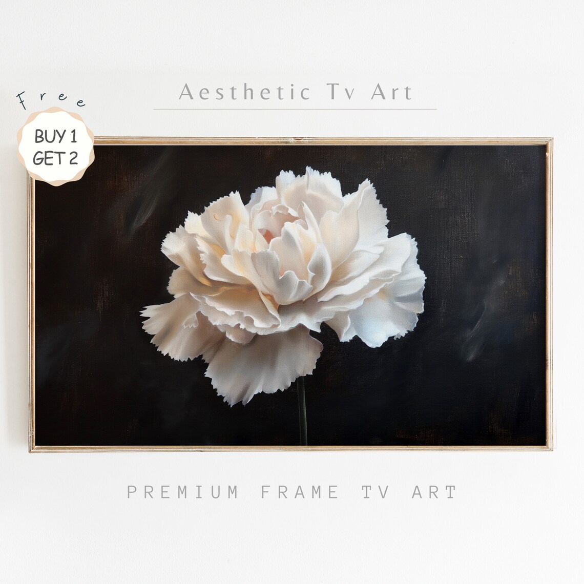 White Carnation Black Background Dark Moody Floral Oil Poster