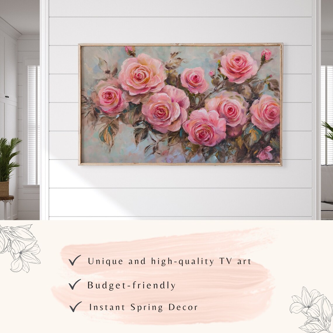 Blush Pink Roses Bouquet Vintage Floral Oil Painting Art Poster - Image 3