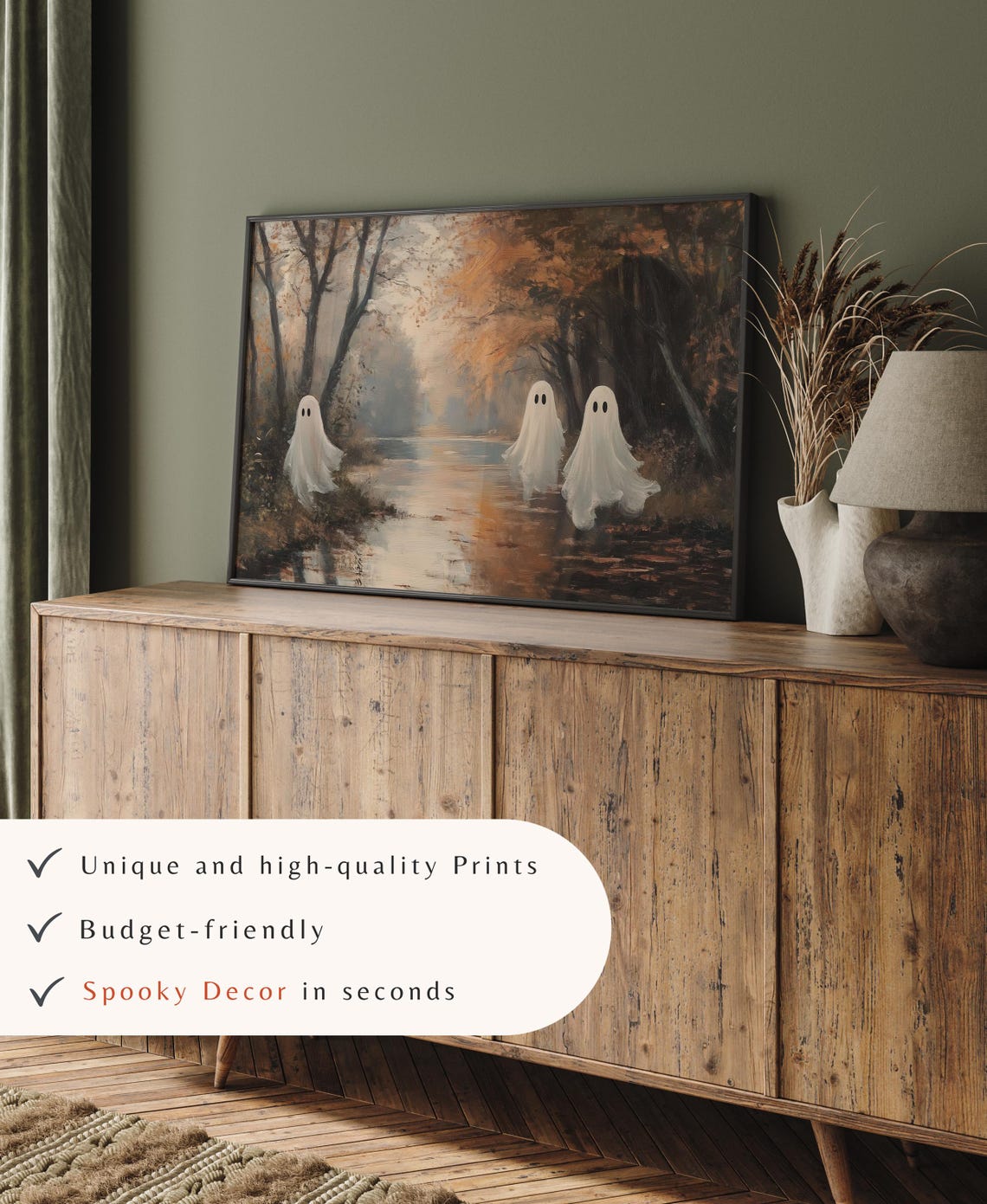 Three Cute Ghosts Along Misty Autumn Stream Vintage Halloween Poster - Image 4