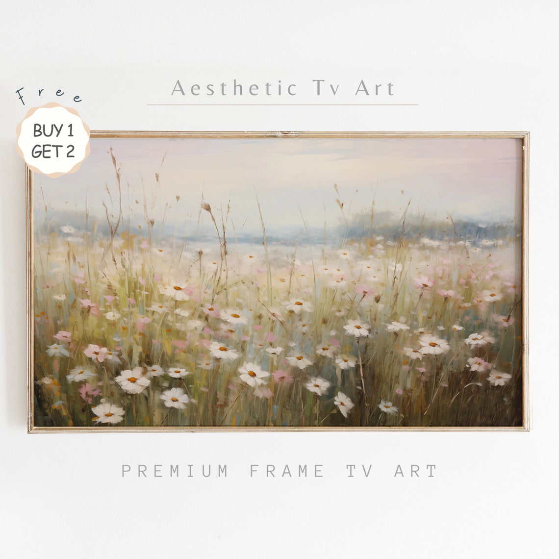 Pink and White Wildflower Field Landscape Soft Pastel Meadow Wall Art