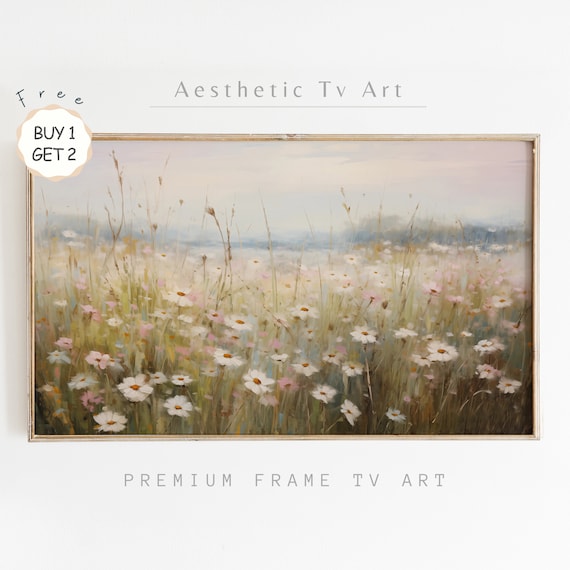 Frame Tv Art Pink Wildflower Field Landscape Vintage Painting Moody Farmhouse Frame Tv Art Summer And Spring Art