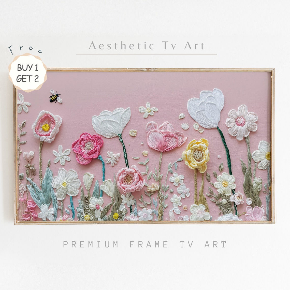 Pink Garden Wildflowers Bee Embroidered Stitch Textured Art Poster