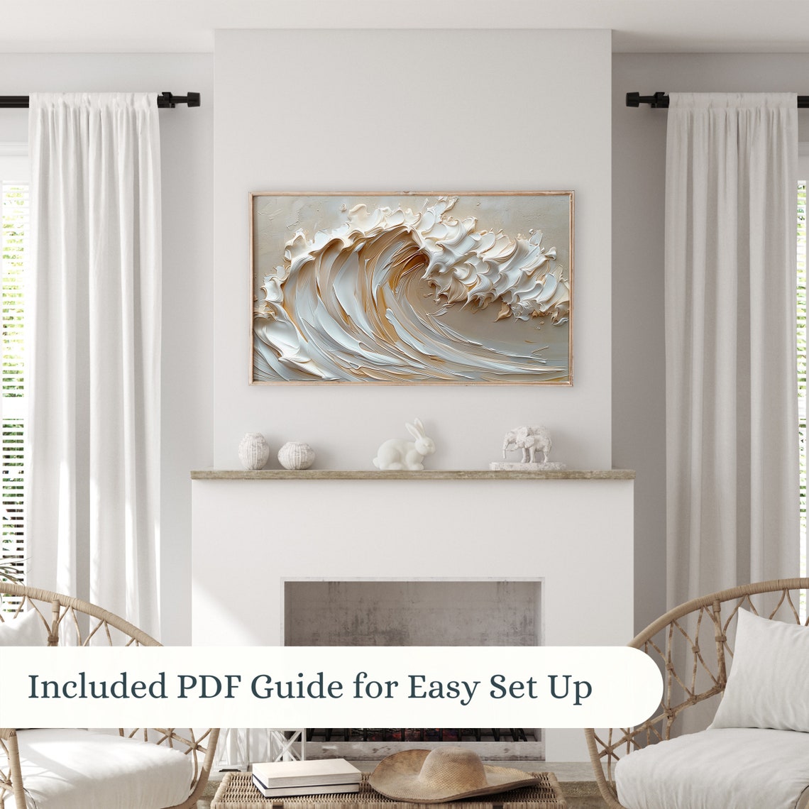 3D Textured Ocean Wave Impasto Neutral Cream Coastal Boho Wall Art - Image 3