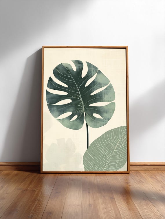 Monstera Sage Green Minimal Japandi Botanical Wall Art