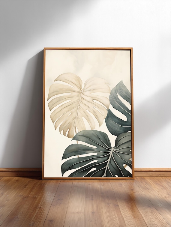 Sage Green Cream Monstera Leaves Modern Botanical Wall Poster