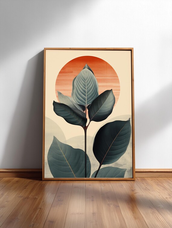 Rubber Plant Japandi Print With Burnt Sun Minimal Botanical Zen Wall Art
