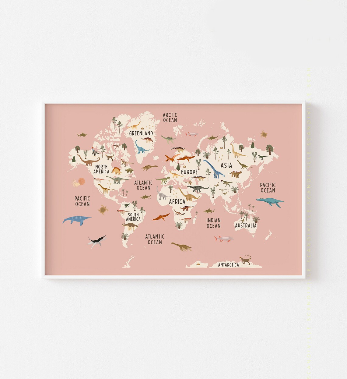Dinosaur World Map Pink Nursery Dinosaurs Kids Room Wall Art - Image 3