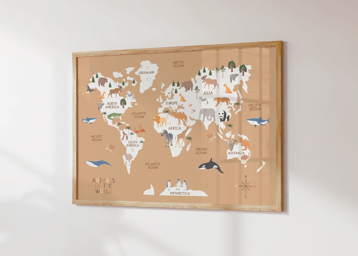 Animals Of The World Caramel Nursery World Map Animal Wall Art - Image 4