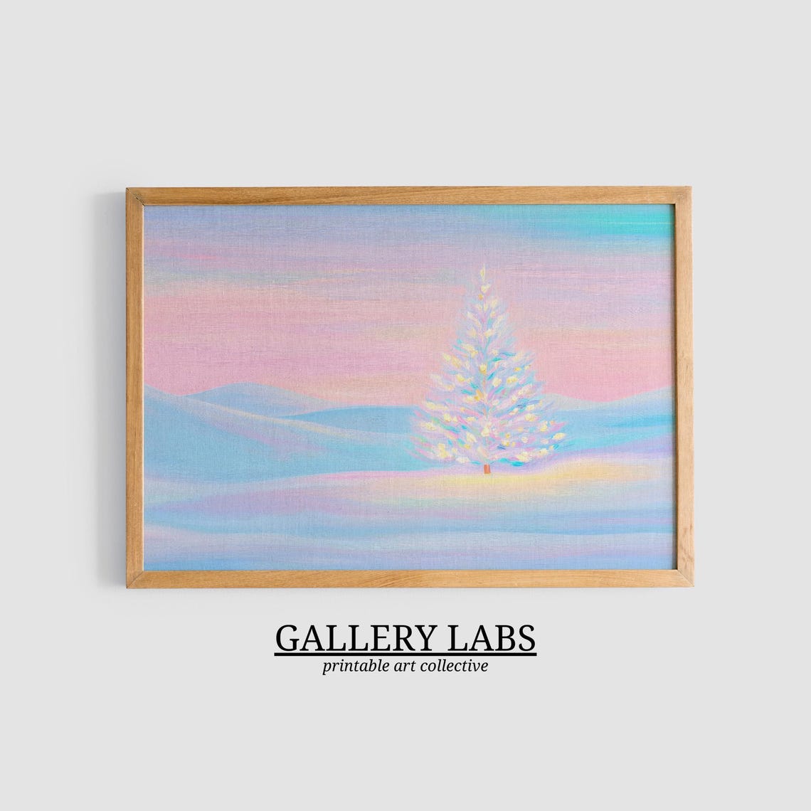 Glowing Pink Christmas Tree Snowy Pastel Valley Holiday Art Poster - Image 3