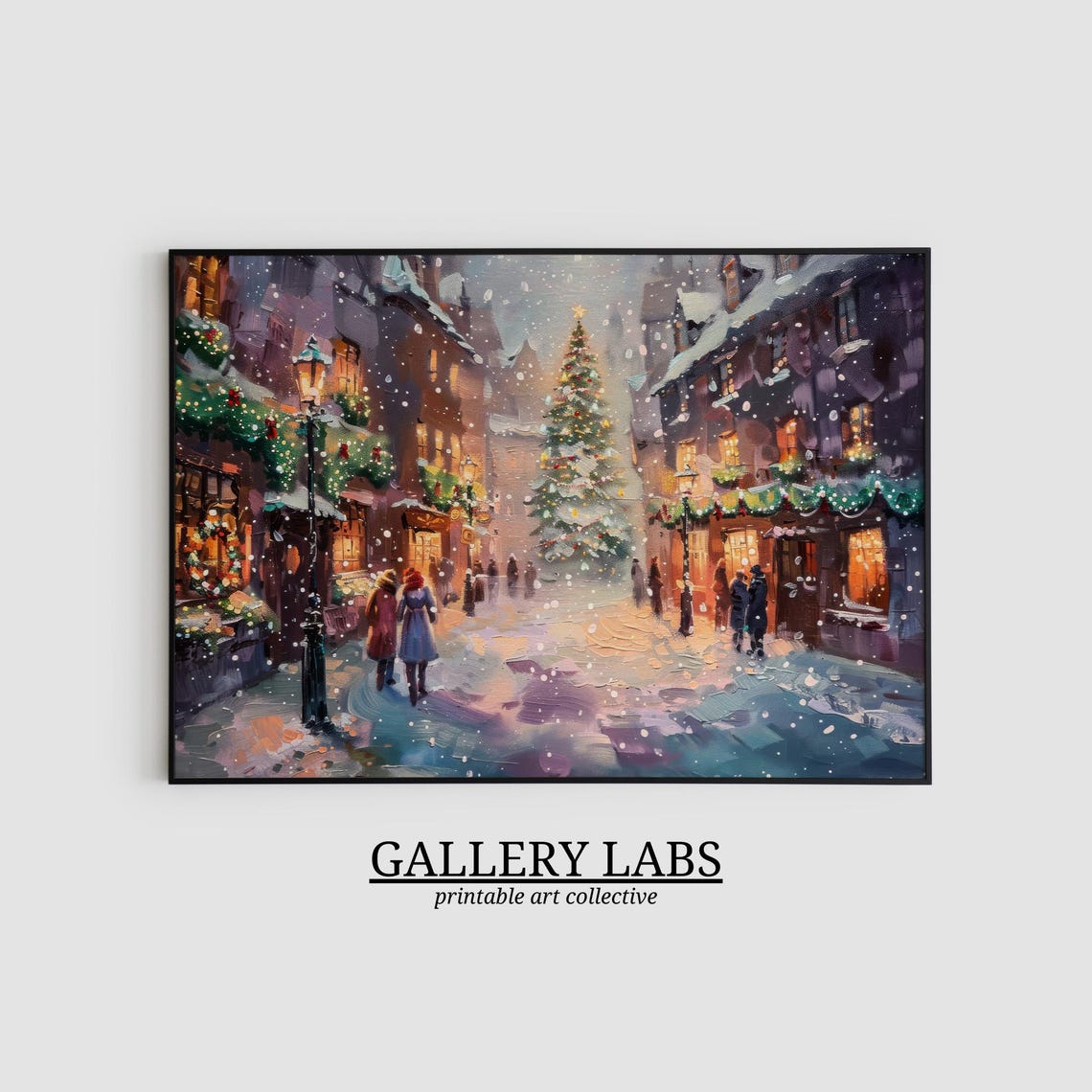 Old Town Snowy Street Christmas Tree Garland Shops Winter Night Poster - Image 2