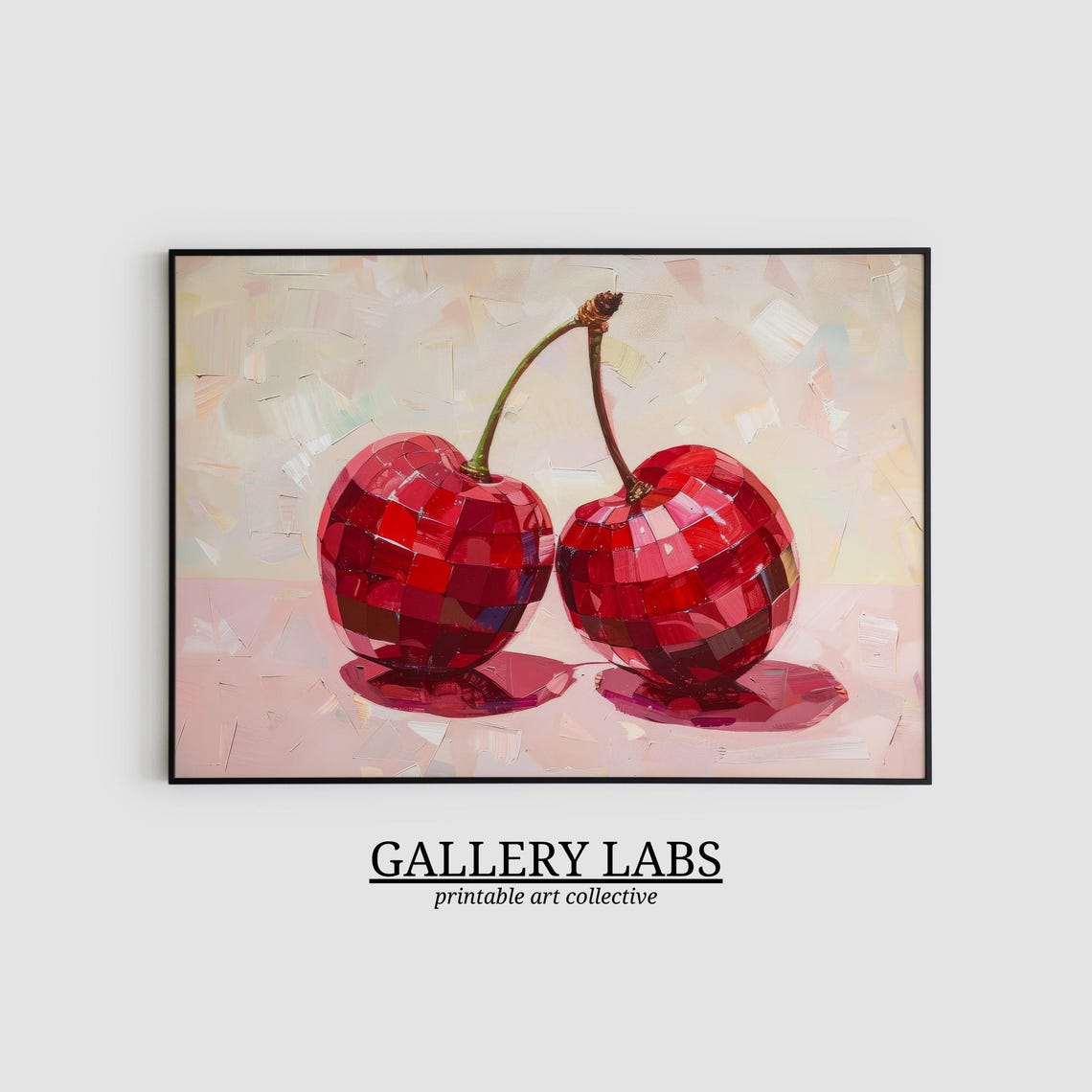 Disco Ball Cherries Red Glitter Pair Pink Background Painting Wall Art - Image 2