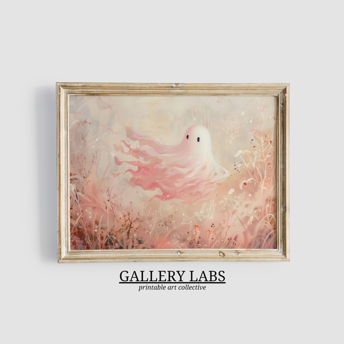 Cute Pink Ghost Floating Among Wildflowers Dreamy Halloween Wall Art Print