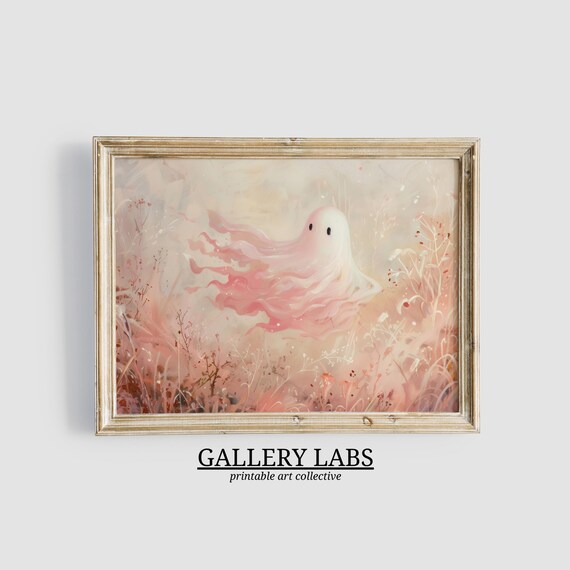 Cute Pink Ghost Floating Among Wildflowers Dreamy Halloween Wall Art Print