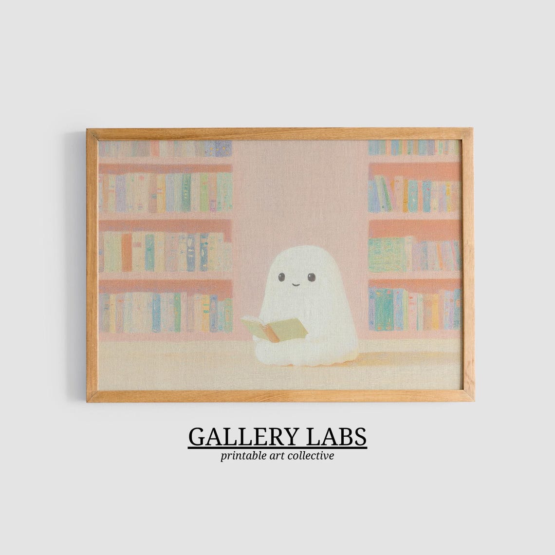 Cute Ghost Reading Book Pastel Pink Bookshelf Wall Art Print - Image 3