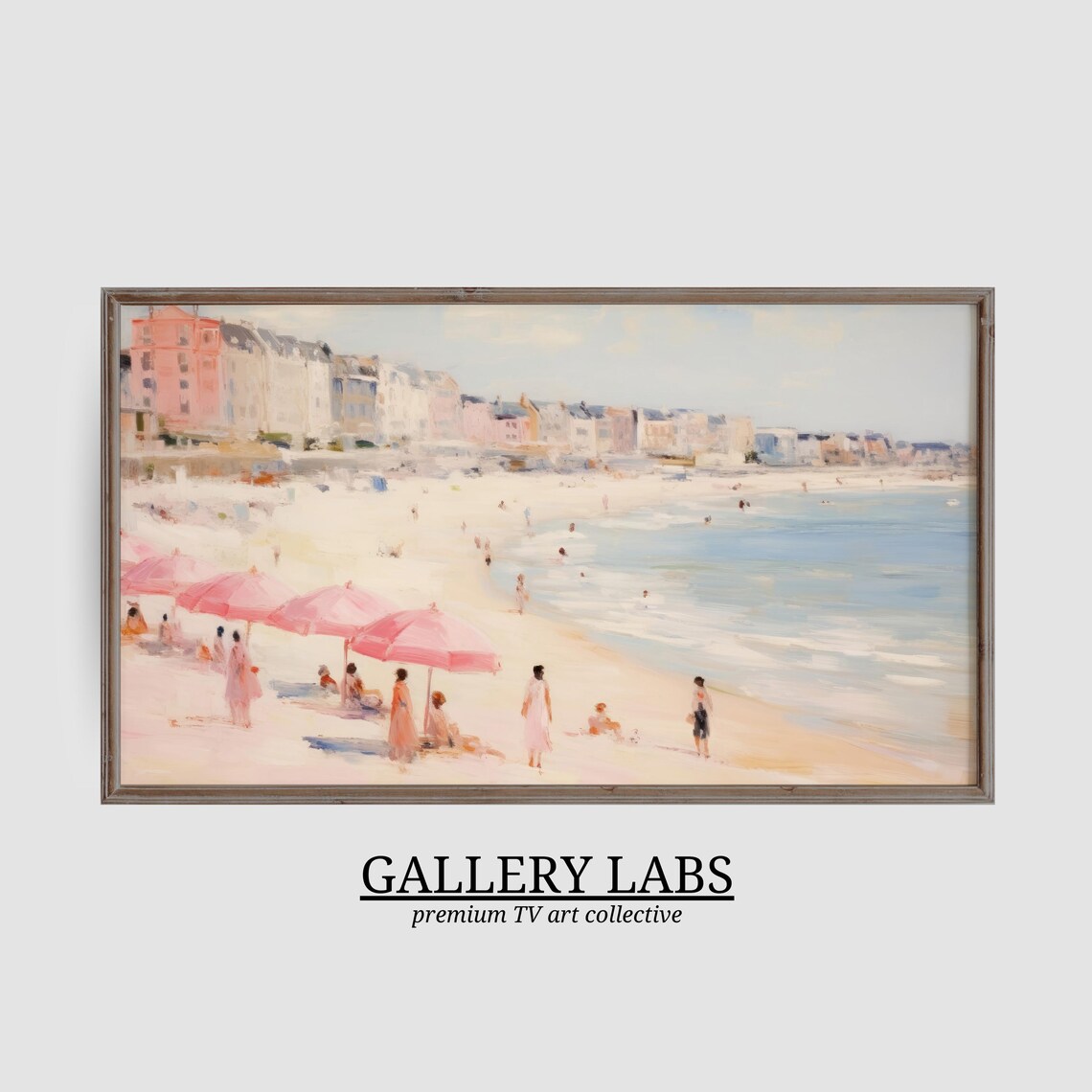 Vintage Beach Umbrellas Painting Pink Seaside Town Coastal Wall Art Poster - Image 3