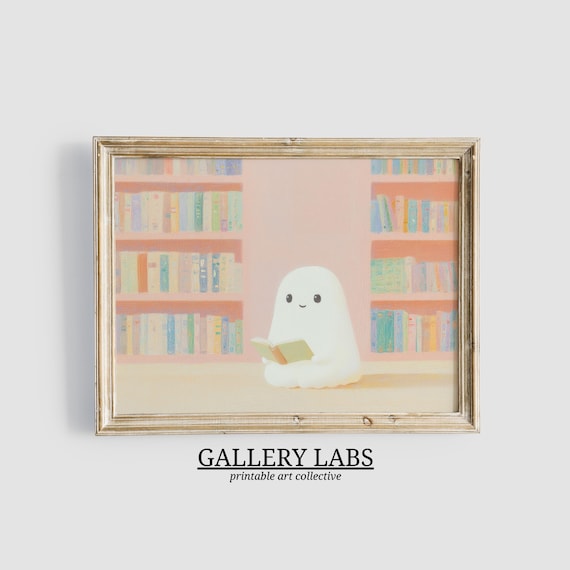 Cute Ghost Reading Book Pastel Pink Bookshelf Wall Art Print