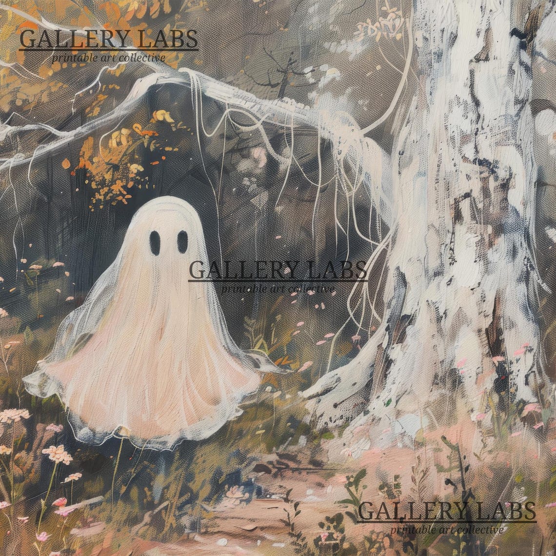 Cute Pink Ghost in Autumn Forest Wildflowers Halloween Wall Art Print - Image 4