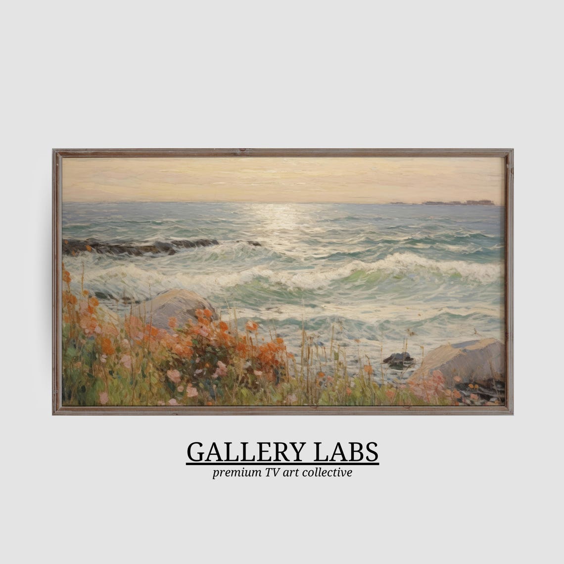 Wildflower Dotted Rocky Shore Rolling Waves Sunrise Seascape Poster - Image 3