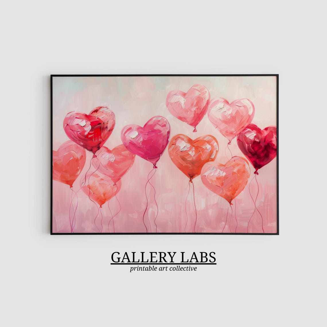 Pink Red Heart Balloons Floating Love Valentines Painting Wall Poster - Image 2