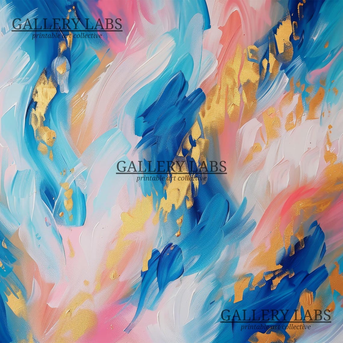 Blue Gold Pink Abstract Brushstroke Modern Colorful Painting Wall Art - Image 4