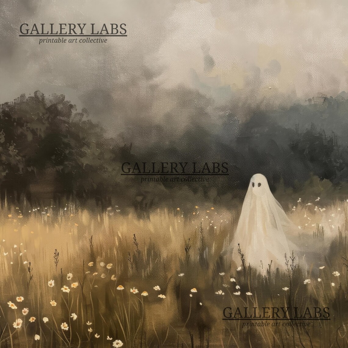 Ghost Wildflower Field Moody Vintage Halloween Scene Wall Art - Image 4