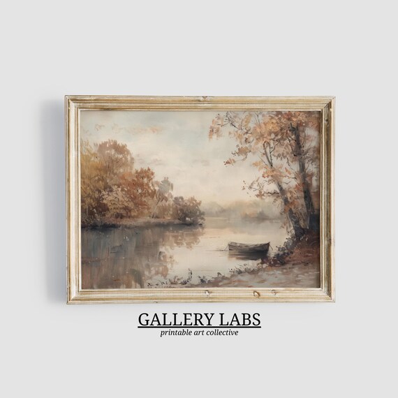 Muted Autumn Pond Landscape Painting Moody Fall Oil Painting Vintage Farmhouse Decor Fall Wall Art Autumn Decor Art