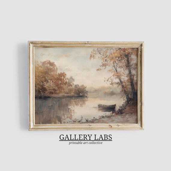 Wooden Rowboat on Misty Autumn Pond Ringed by Golden Foliage Soft Oil Painting Print