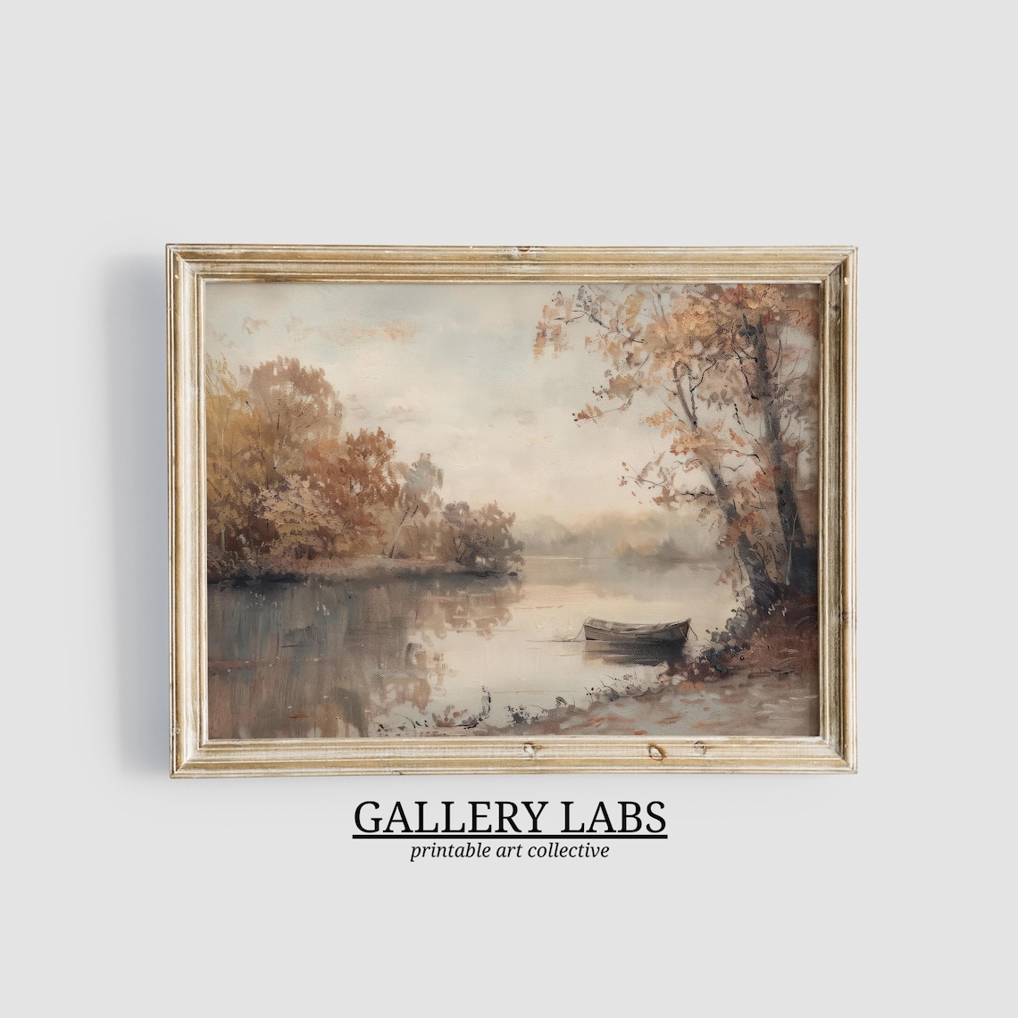 Wooden Rowboat on Misty Autumn Pond Ringed by Golden Foliage Soft Oil Painting Print