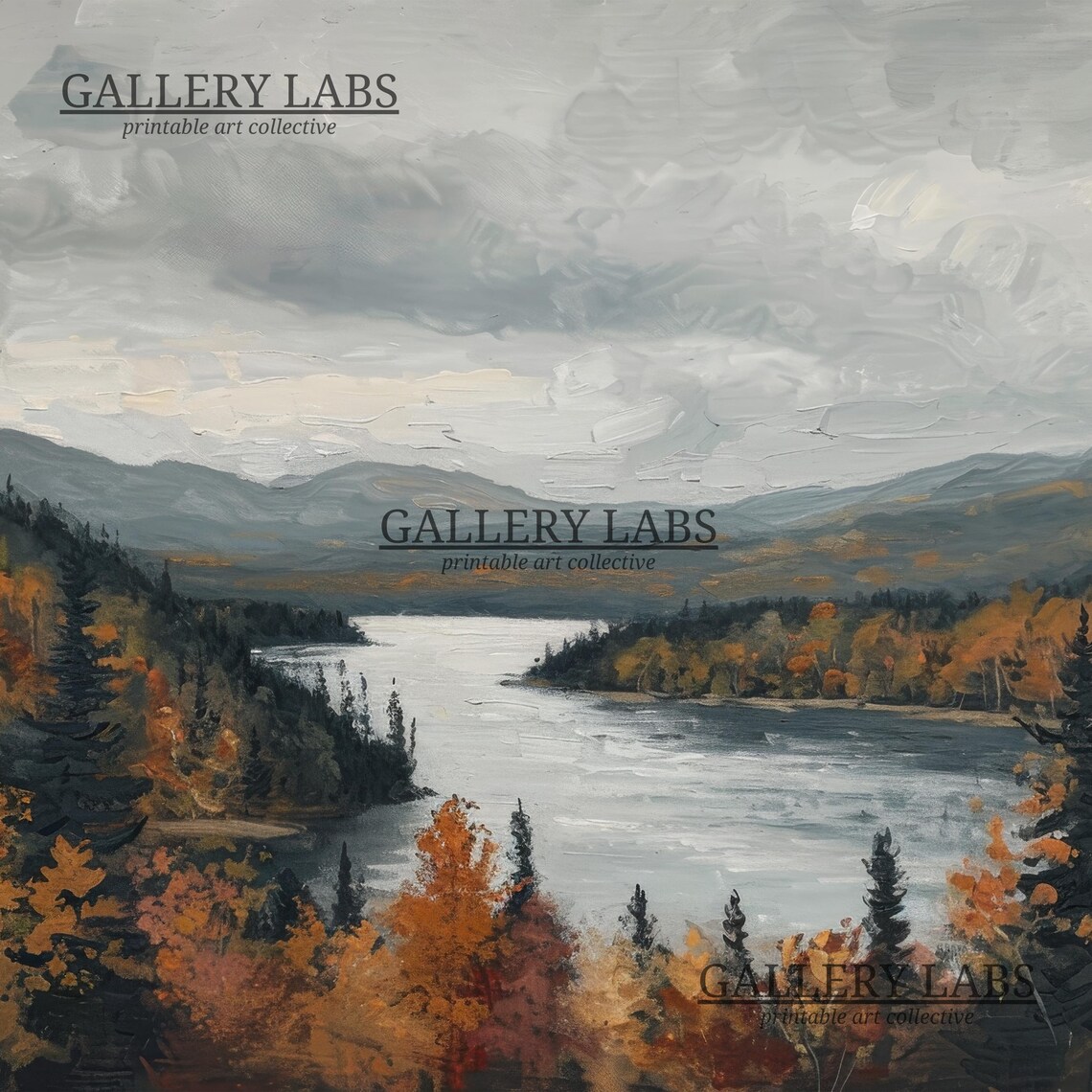 Autumn Lake Vista With Fiery Orange Forest and Brooding Gray Sky Oil Painting Print - Image 4