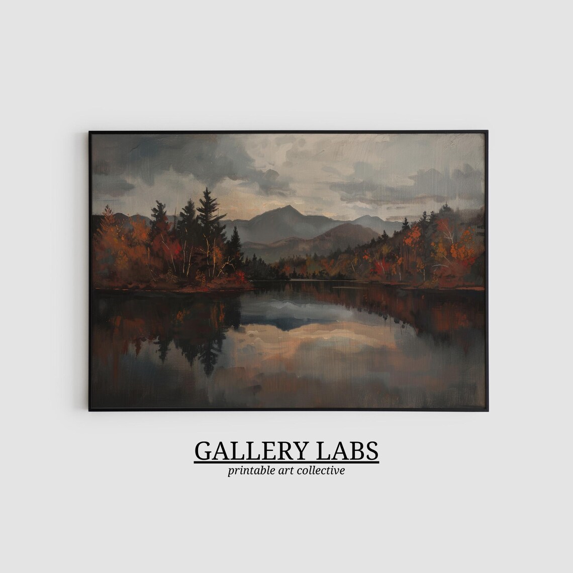 Dark Mountain Lake With Mirror Reflection at Dusk Moody Autumn Oil Painting Poster - Image 2