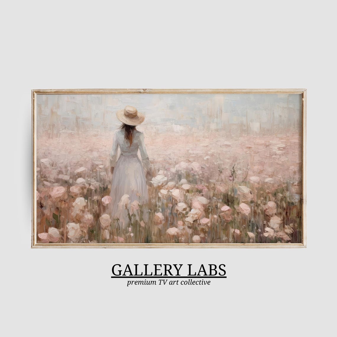 Lady in Straw Hat in Blooming Pink Rose Field Romantic Art Print