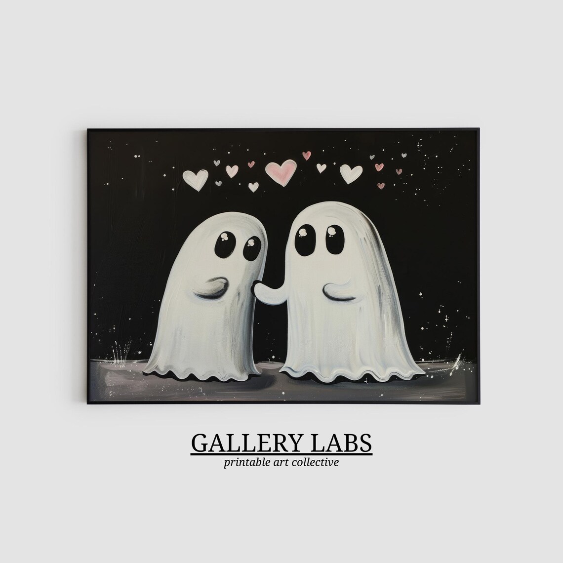 Cute Ghost Couple Holding Hands Hearts Night Spooky Painting Poster - Image 2
