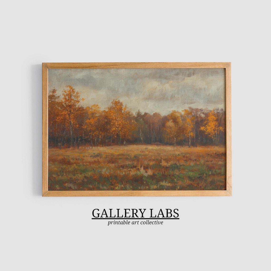 Moody Autumn Forest Edge Golden Trees Gray Sky Landscape Wall Art Print - Image 3