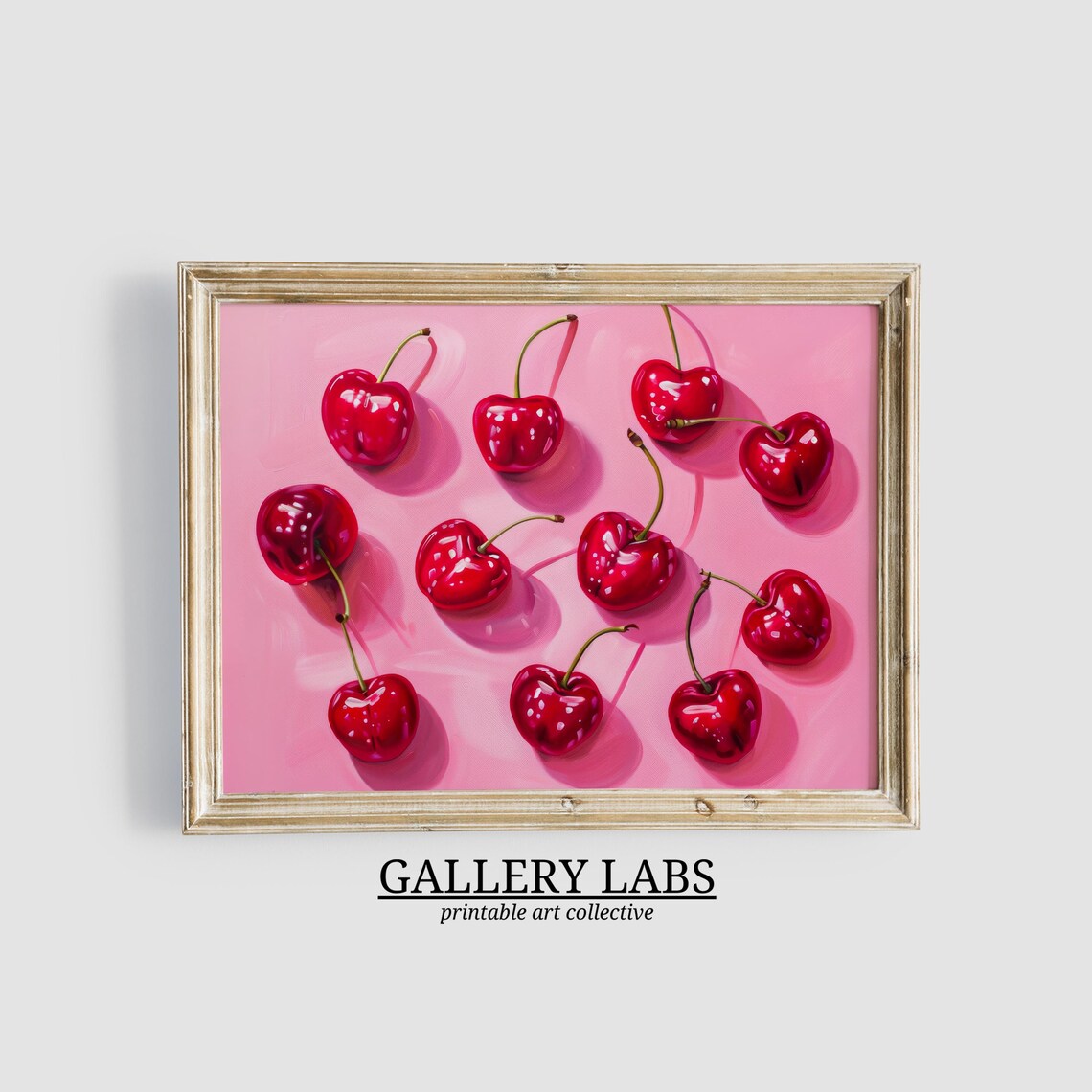 Glossy Red Cherries Scattered Pink Background Fruit Painting Wall Poster