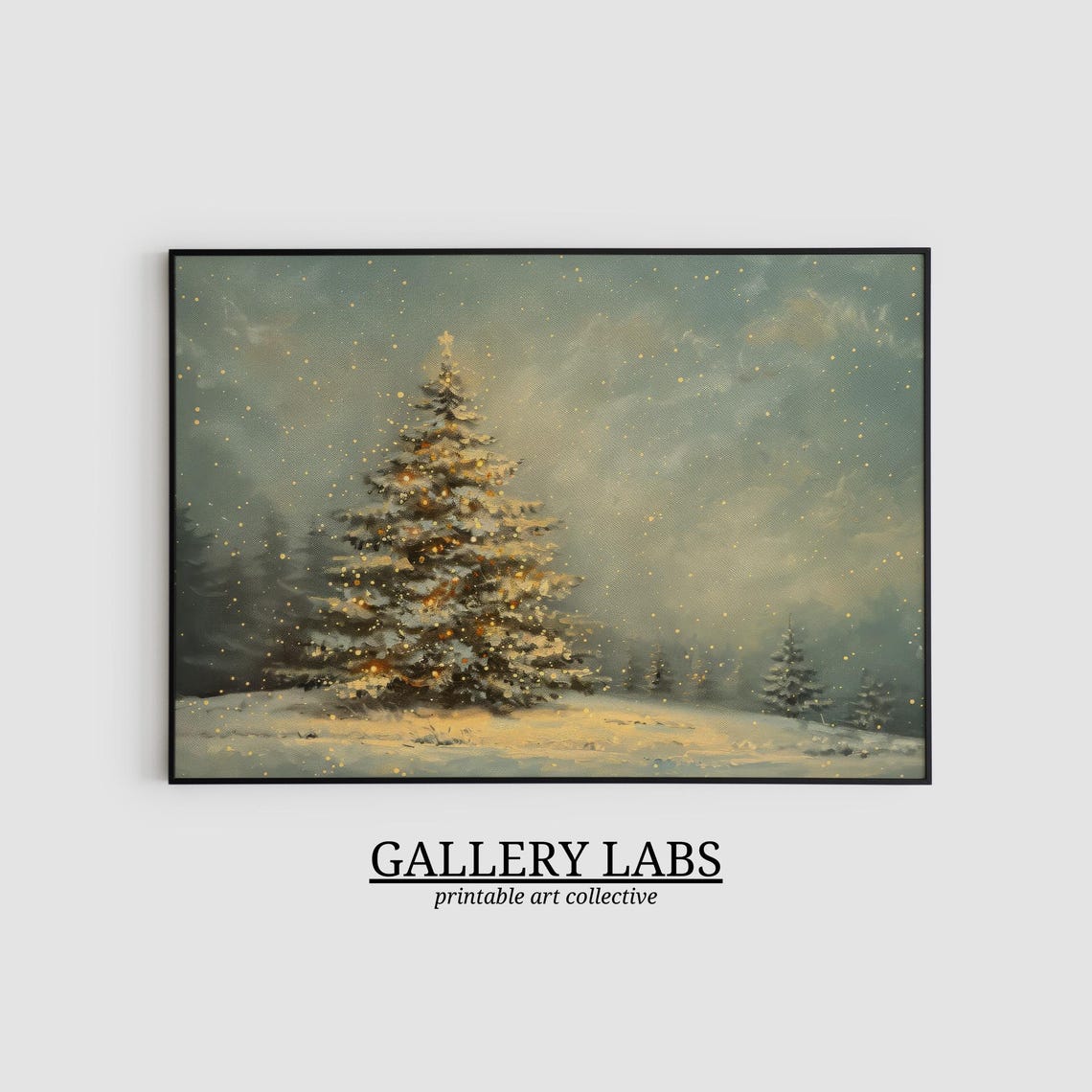 Lone Christmas Tree Snowy Forest Twilight Falling Snow Painting Poster - Image 2
