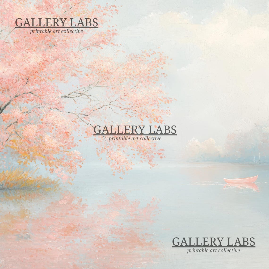 Pink Autumn Pond Blossom Trees Misty Lake Scene Wall Art Print - Image 4