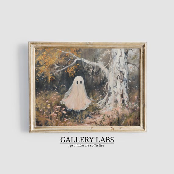 Cute Ghost Painting Pink Halloween Wall Art Halloween Decor Halloween Print Preppy Room Decor Forest Print Art