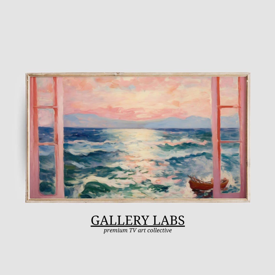 Ocean View Through Pink Open Doors Sunset Waves Boat Painting Poster