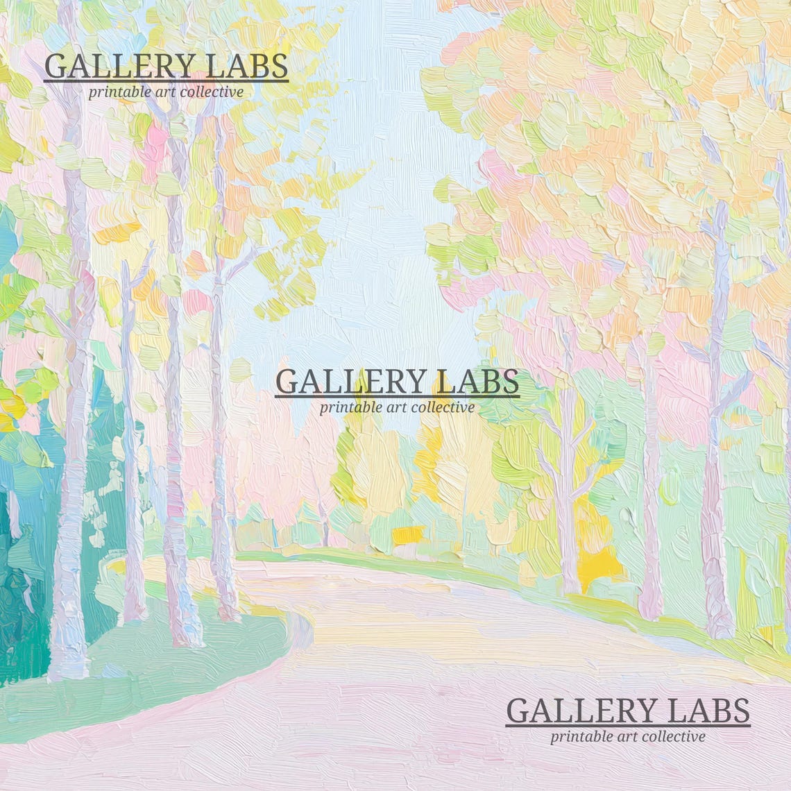 Pastel Pink Autumn Forest Path Painting Yellow Trees Wall Art Poster - Image 4