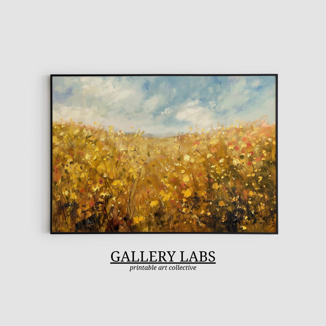 Golden Wildflower Field Under Cloudy Sky Impressionist Wall Art Print - Image 2