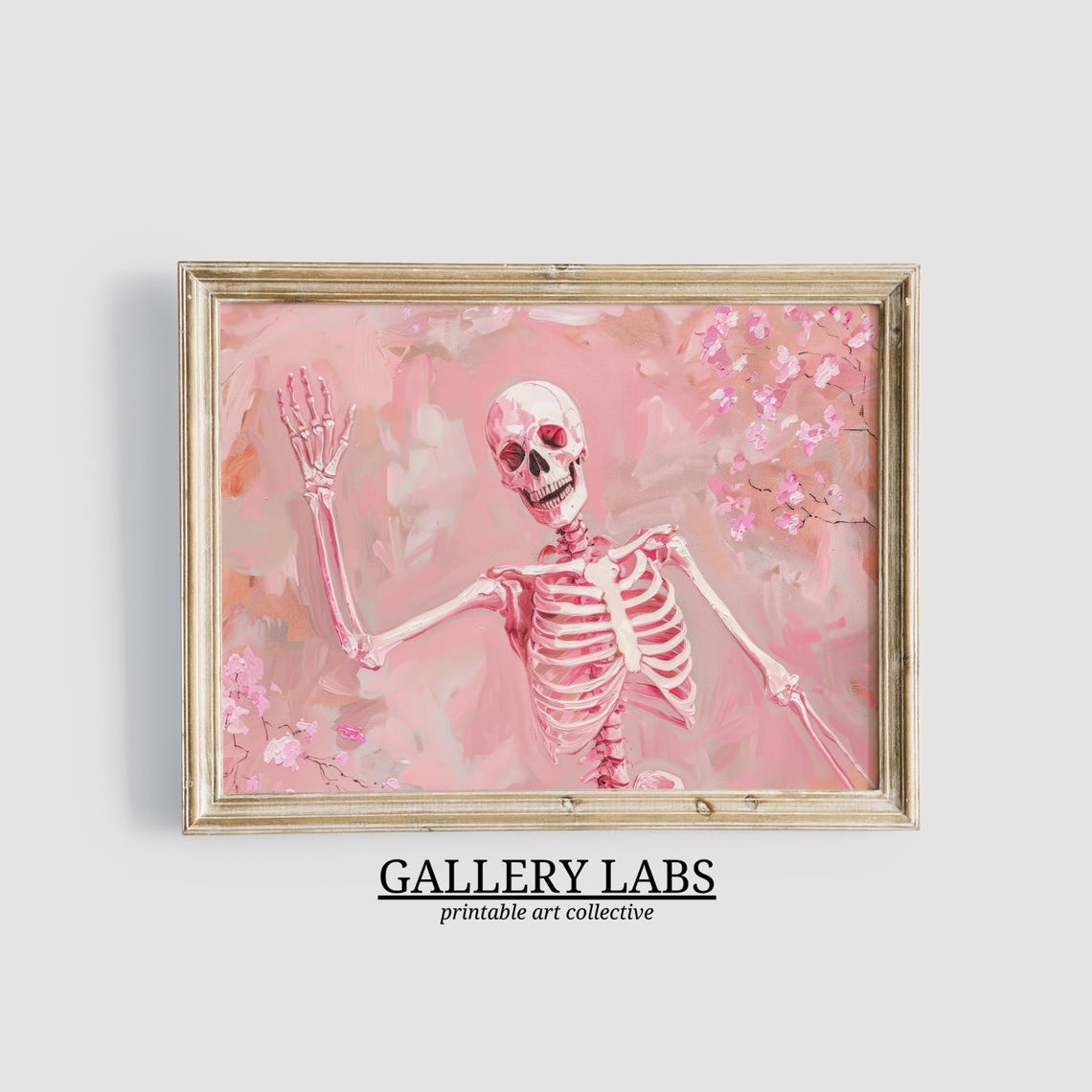 Pink Skeleton Waving Floral Blossoms Spooky Cute Painting Wall Poster