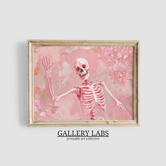 Pink Skeleton Waving Floral Blossoms Spooky Cute Painting Wall Poster