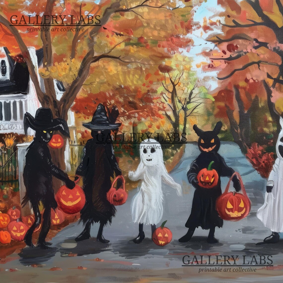 Kids Trick or Treating Costume Parade Pumpkins Autumn Halloween Wall Art Print - Image 4