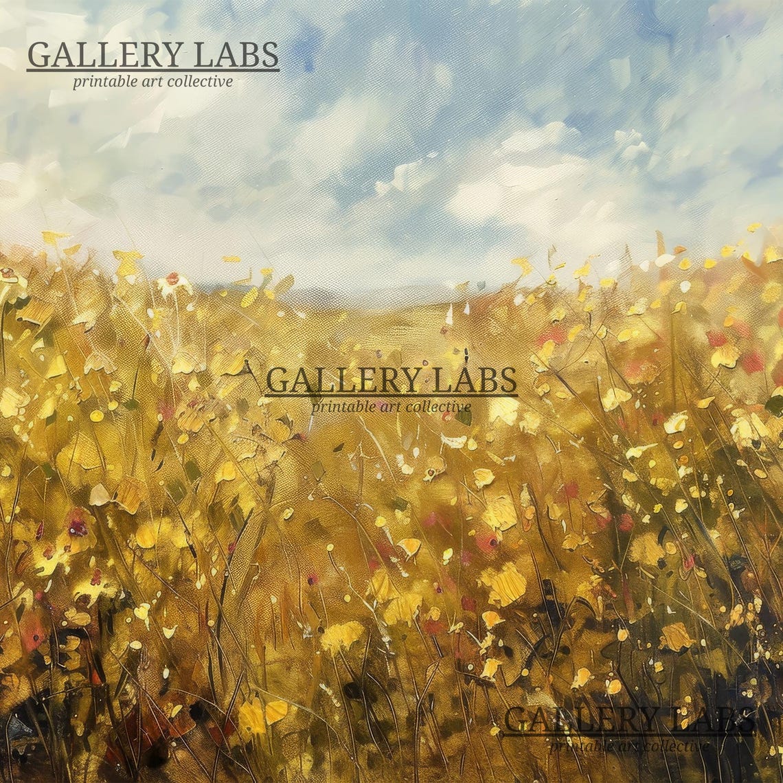 Golden Wildflower Field Under Cloudy Sky Impressionist Wall Art Print - Image 4