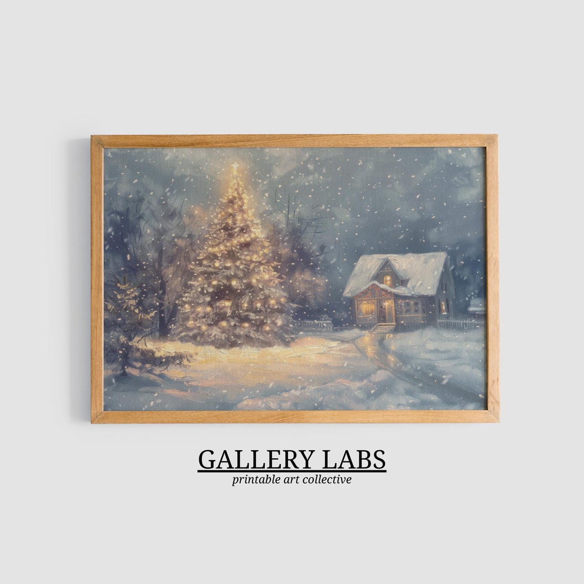 Glowing Christmas Tree Snowy Cabin Night Falling Snow Travel Poster - Image 3