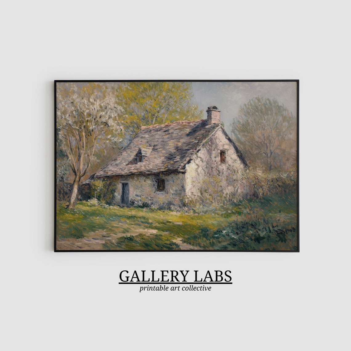 Old Stone Cottage with Blooming Tree Spring Country Art Print - Image 2