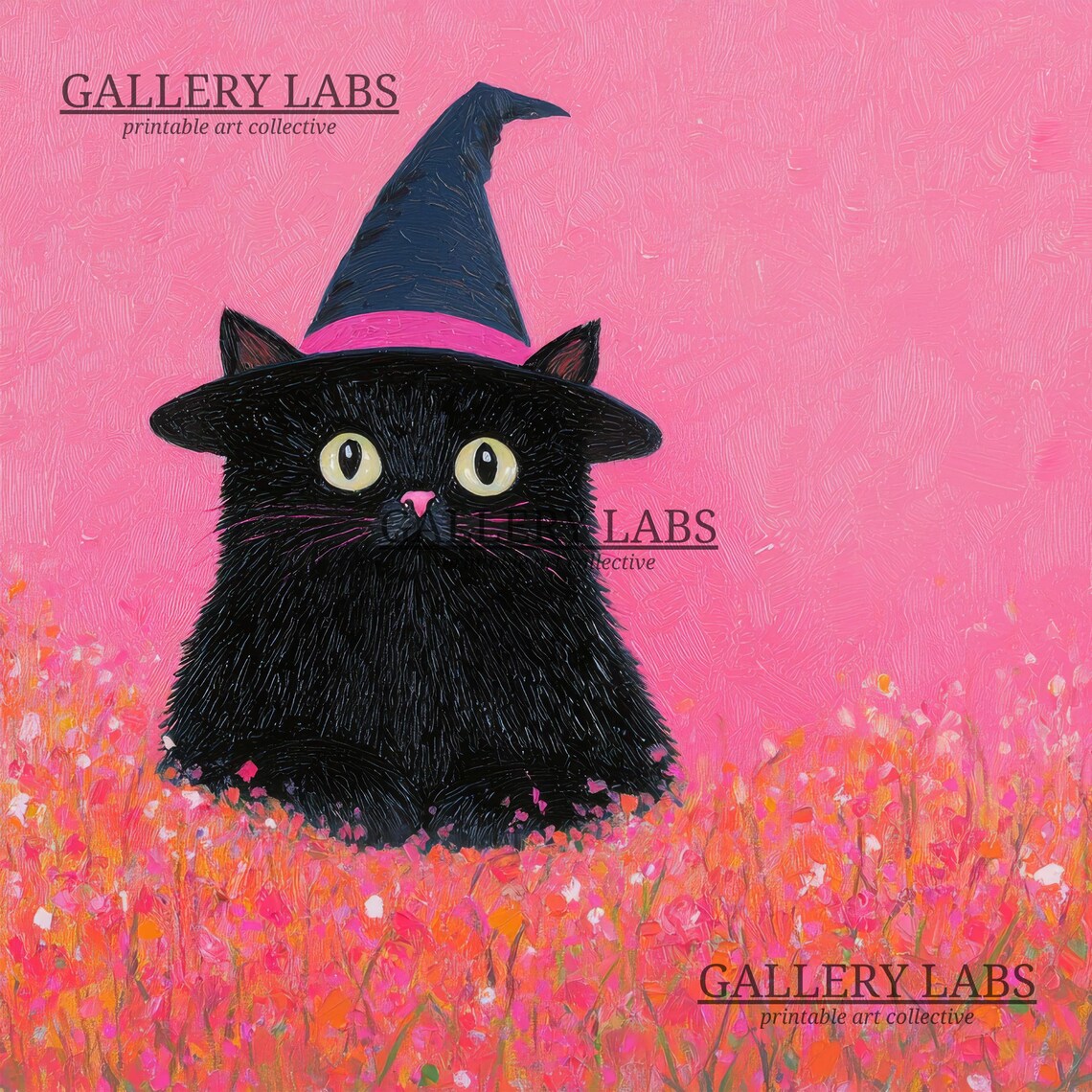 Black Cat Witch Hat Pink Wildflower Meadow Cute Spooky Halloween Print - Image 4