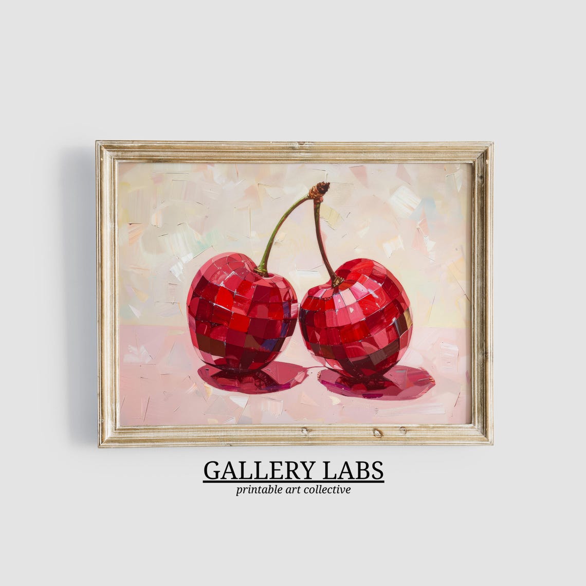 Disco Ball Cherries Red Glitter Pair Pink Background Painting Wall Art