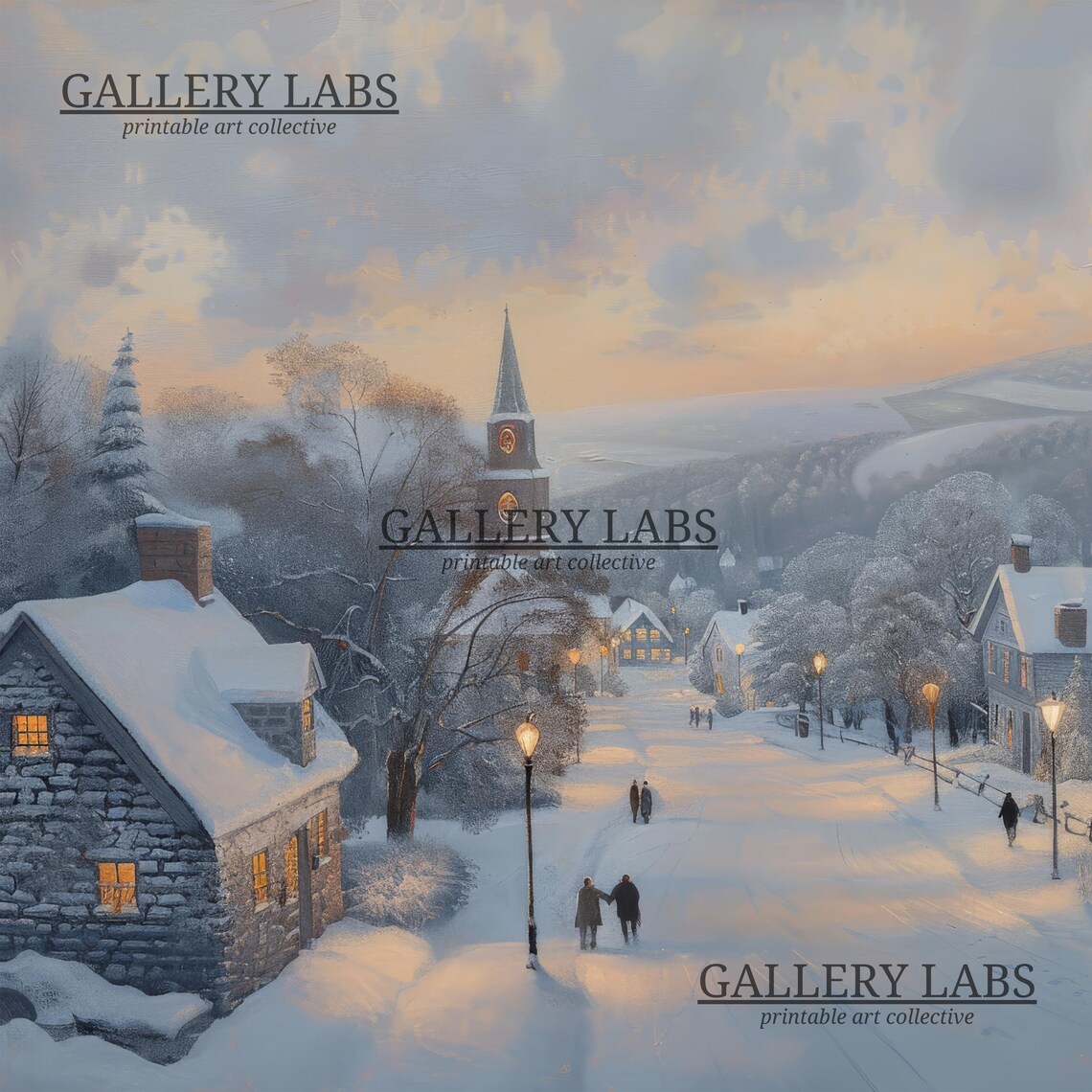 Snow Covered Village Street Glowing Windows Dusk Winter Scene Poster - Image 4