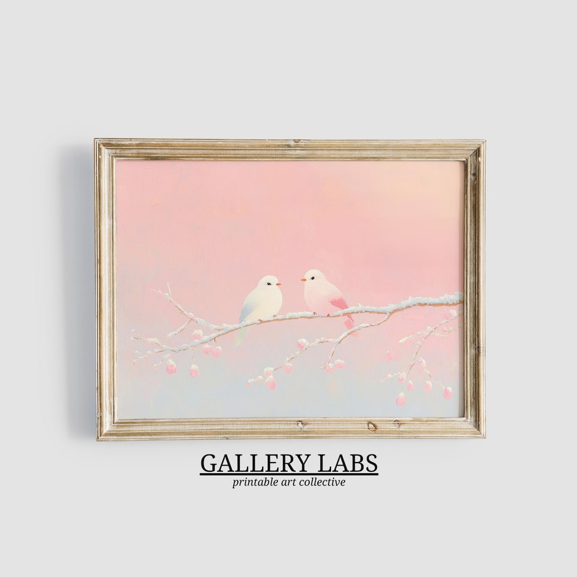 Pink Winter Birds Snowy Branch Pastel Bird Pair Christmas Art Poster